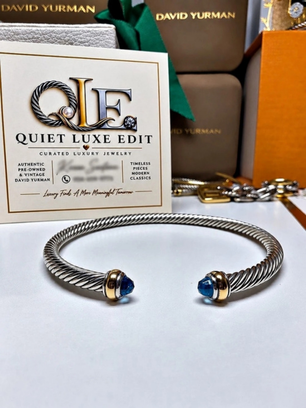 David Yurman Classic Cable Blue Topaz 18K Gold Silver 4mm Bracelet –Large